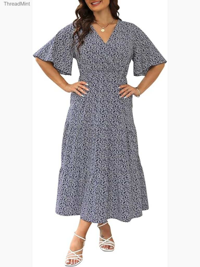 Plus Size V-Neck Floral Empire Waist Maxi Dress With Pockets